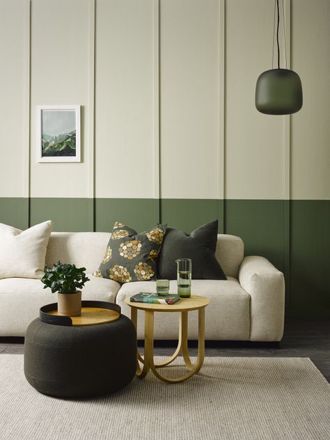 While nature itself has long been a common inspiration for home décor, woodland tones are among the most popular trending hues.Upper wall in Resene Zen, lower wall in Resene Woodland, floor in Resene Colorwood Dark Ebony timber stain. #Resene #HabitatbyResene #GreenPaint #NaturalColours #CalmingInteriors Cosy Lounge, Freedom Furniture, Green Decor, Wainscoting, Wall Treatments, 인테리어 디자인, Feature Wall, Wall Paneling, Interior Decorating