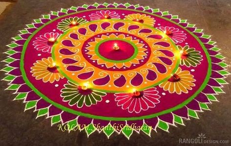 diwali kolam rangoli design shanthi sridharan Colour Full Rangoli Design, Colour Rangoli, Rangoli Designs For Competition, Indian Rangoli Designs, Rangoli Diwali, Rangoli Designs Simple Diwali, Alpona Design, Rangoli Simple, India Trip