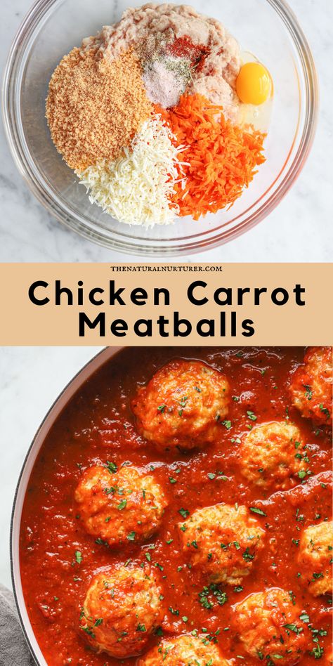 These Chicken Carrot Meatballs are easy to make, full of flavor and the perfect veggie-loaded protein to add to dinner. #veggieloaded Meatballs With Carrots, Chicken And Veggie Meatballs, Hidden Chicken Recipes, Blw Protein Recipes, Carrot Recipes For Toddlers, Sneaky Veggie Recipes, Hidden Veggies Recipes, Healthy Meatball Dinner, Chicken Veggie Meatballs