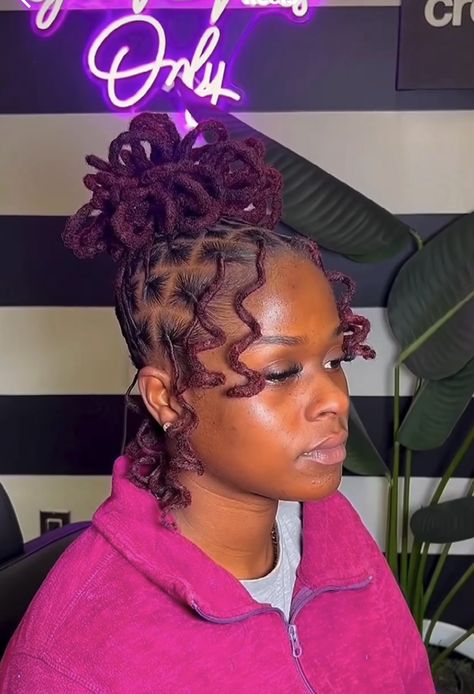 Loc Petal Bun On Short Locs, Prom Loc Styles For Women, Formal Loc Updo, Loc Styles For Party, Short Locs Curls Styles, Loc Petal Styles Short, Prom Hairstyles Locs, Curly Loc Bun, Loc Styles For Medium Length Locs