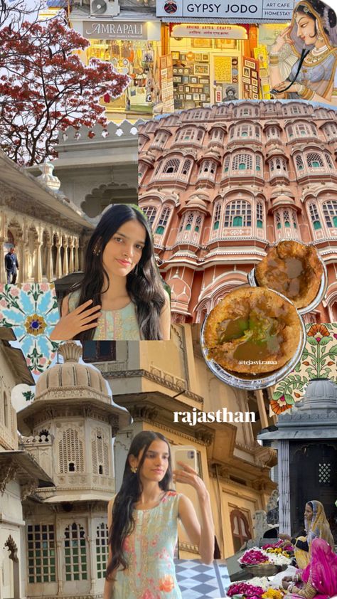 rajasthan aesthetic collages udaipur kachori hawa mahal jaipur city palace indian kurti indian clothes floral motif rajasthani culture art Rajasthan Aesthetic, Palace Indian, Jaipur City Palace, Hawa Mahal Jaipur, City Palace Jaipur, Rajasthani Culture, Jaipur City, Jaipur Travel, Aesthetic Collages