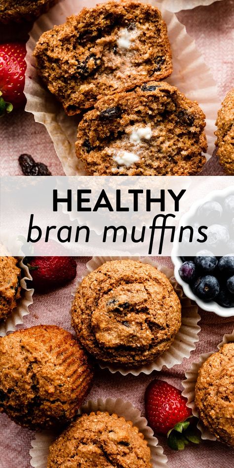 Made without refined sugar and positively packed with dietary fiber, these wholesome and healthy bran muffins are a tasty AND nutritious treat. Dairy free, no mixer required, and the add-ins are up to you including raisins, nuts, cranberries, blueberries, etc. #branmuffins #snacks #healthy #dairyfree Banana Bran Chocolate Chip Muffins, Banana Nut Bran Muffins, Banana Bran Muffins Greek Yogurt, Bran Muffin Mix Recipes, Healthy Banana Bran Muffins, Banana Bran Muffins Moist, Health Muffins, Healthy Bran Muffin Recipe, Banana Oat Bran Muffins