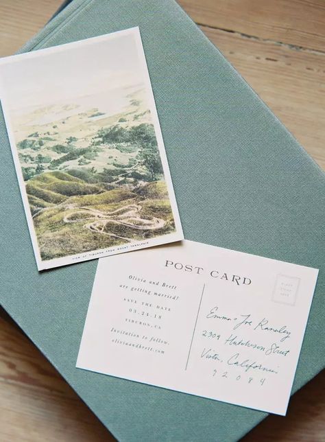 Postcard Design Inspiration, Colorado Destination Wedding, 달력 디자인, Postal Vintage, Wedding Postcard, Unique Save The Dates, 카드 디자인, Postcard Template, Design Brochure