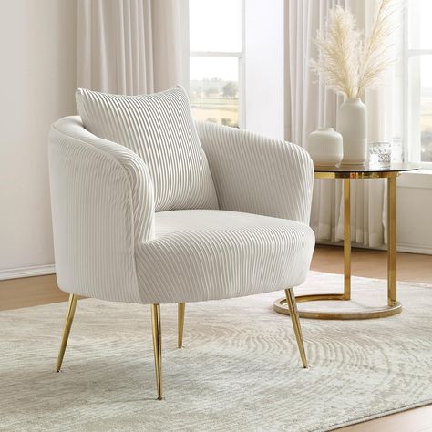 Art Leon Velvet Accent Chair, Upholstered Maximalist Single Sofa Chair, Comfy Barrel Chair with Golden Metal Legs for Living Room Bedroom, Off White Velvet Barrel Chair, Chic Accent Chairs, Chair Comfy, Upholstered Bedroom, Velvet Accent Chair, Single Sofa Chair, Modern Accent Chair, Single Sofa, Barrel Chair