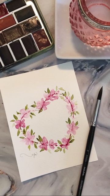 Watercolor Heart Wreath, Easy Valentine Watercolor, Watercolor Art Heart, Watercolor Hearts Painting, Floral Cards Watercolor, Valentine Watercolor Ideas, Valentines Watercolor Art, Watercolor Valentines Art, Watercolor Valentine Cards Diy