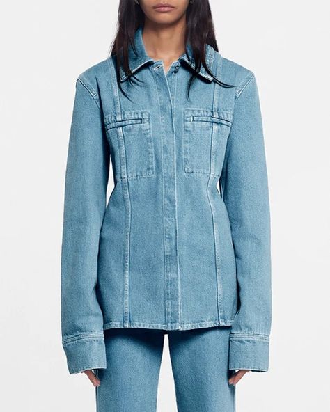 Women Shirts – Nanushka Pockets Fashion Details, Shirt Jacket Outfit, Denim Pocket Details, Modern Tailoring, Tailoring Jeans, Blue Clothing, Clothing Aesthetic, Denim Projects, Denim Ideas