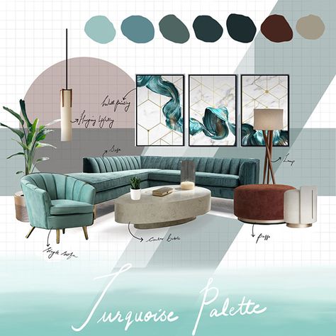 Luxe Color Palette, Turquoise Mood Board, Turquoise Palette, Interior Design Presentation Boards, Sala Vintage, Turquoise Room, Design Diagram, Materials Board Interior Design, Mood Board Interior