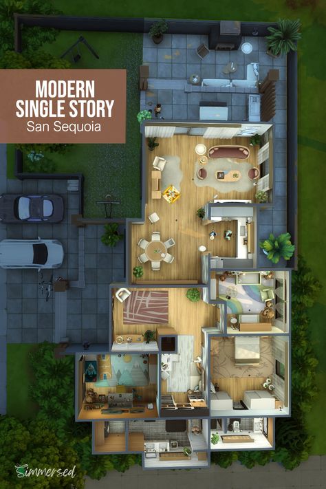 The floor plan for my modern single story 3 bedroom home in San Sequoia! #thesims4 #simsbuild #showusyourbuilds #sims4maxismatch #sims #ts4 #floorplan #sims4floorplan 3 Bedroom Sims 4 House Layout, Sims 4 Floorplan 1 Story, One Story Sims House Layout, 2a Jasmine Suites Sims 4 Layout, Sims 4 Desert House Floor Plans, Sims 4 One Story House Floor Plan, 3 Bedroom Sims 4 House, Sims 4 Floorplan With Grid, Sims 4 3 Bedroom House Plan