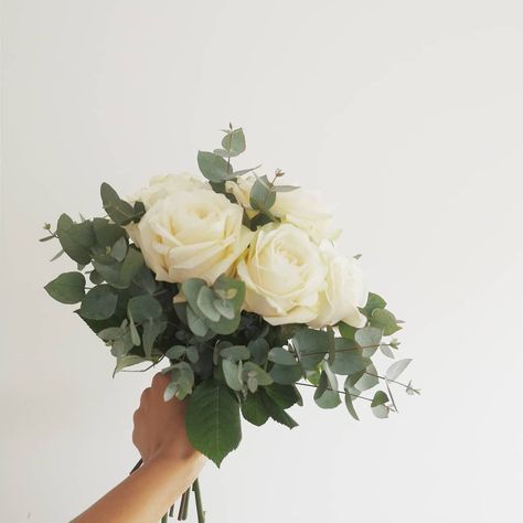 a handtie bouquet of white roses and eucalyptus cinerea White Roses And Eucalyptus, Antique Rose Bouquet, Eucalyptus Cinerea, Ivory Rose Bouquet, Bouquet Of White Roses, Rose Bridesmaid Bouquet, Roses And Eucalyptus, Eucalyptus Wedding Bouquet, Small Wedding Bouquets