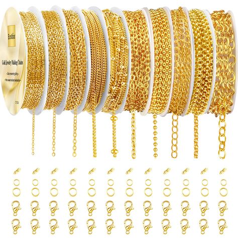 PRICES MAY VARY. Package Includes: Total 78.7 feet 10 rolls gold necklace chains bulk, with 100pcs 5mm jump rings,100pcs 6mm jump rings,30pcs lobster clasps for decorative chain jewelry making. Complete accessories kit can make many beautiful jewelry chains. 10 Different Types: The selection of different styles is very suitable for DIY gift projects such as necklace chains, tassel chain pendants, earrings chains, bracelets chains, body chain jewelry, extension chain. Good Quality Materials: Neck Gold Necklace Chains, Jewelry Chains, Fashion Toys, Body Chain Jewelry, Cool Necklaces, Gold Chain Necklace, Fashion Jewelry Necklaces, Crochet Jewelry, Scrapbook Crafts