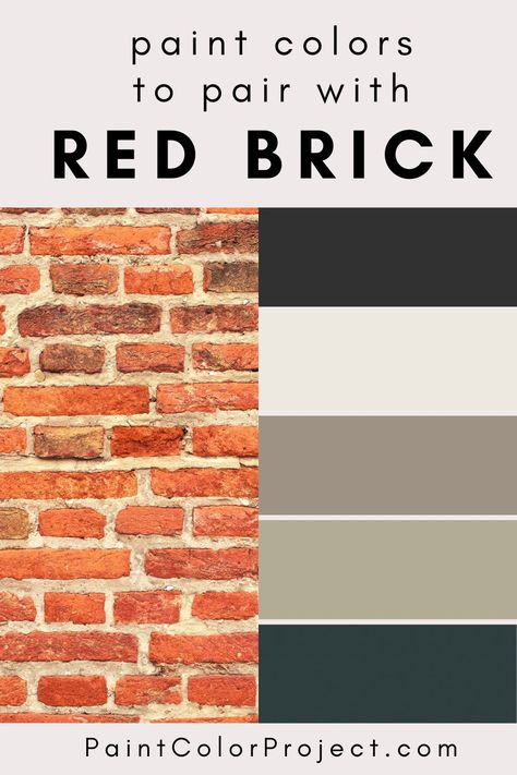 the best paint colors to pair with red brick and things to take into consideration when choosing paint to pair with your natural red brick accents! Paint Colors Around Red Brick Fireplace, Paint That Matches Red Brick, Red Brick 70s House, Red Brick Interior Color Schemes, Paint Trim For Red Brick Houses, Paint Colors That Compliment Orange Brick, Red Brick With Shutters, Boho Brick House Exterior, Paint That Compliments Red Brick