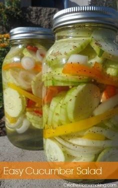 Easy summer cucumber salad mixed with bell peppers, onions, and vinegar dressing. No canning required...this salad can be stored in your refrigerator for several months! Easy Cucumber Salad, Home Canning Recipes, Canning Vegetables, Salad Pasta, Pickled Veggies, Cucumber Recipes, Pickled Onions, Garden Recipes, Pickling Recipes