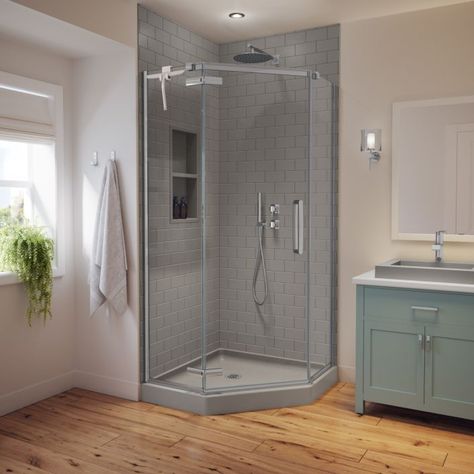 Corner Showers For Small Bathrooms, Exposed Shower Plumbing, Corner Shower Tile, Tiny Wet Room, Corner Shower Ideas, Furniture Reference, Half Wall Shower, Bathroom Downstairs, Shower Plumbing