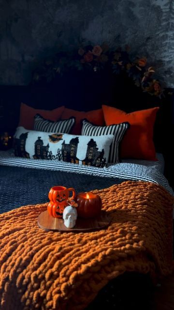 Lindsey Davis on Instagram: "Let’s make the bed… Spooky Edition! 🦇

This years Halloween bedding is mostly new 🤌🏼 new pillows except for the beaded lumbar that was a runner turned pillow craft from a few years ago! New quilt, new blanket, new sheets and new garland 💅 I generally lean into the black and white stripes with a pop of orange and this year is clearly no exception 😂 but I wanted to mix it up a bit! 

Halloween decor spills into every room of the house! I have some more to do for the Halloween bedroom to be complete, the hats and candles need to go up, lights ✨ on the hunt for a duvet for the end of the bed and some other fun accents! 

As always all products are linked in my Amazon in my bio! Feel free to ask for specific links directly! 

Have you started decorating yet?? Halloween Bed Set, Halloween Bedding Aesthetic, Horror Themed Bedroom, Halloween Themed Bedroom, Halloween Bed, Burnt Orange Bedroom, The Monster Mash, Halloween Bedding, Make The Bed