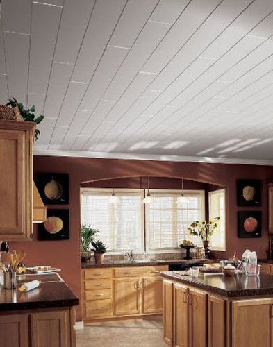 Staggered panel ceiling Ceiling Planks, Wood Plank Ceiling, Kids Bedroom Remodel, Small Bedroom Remodel, Armstrong Ceiling, Plank Ceiling, Modern Basement, Popcorn Ceiling, Basement Ceiling