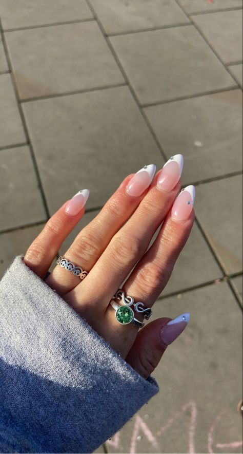 French Nail Designs With Diamonds, French Tip Acrylics With Diamonds, Almond French With Gems, French Tip Diamond Nails, French Tips With Diamonds, Almond Nails With Gems, Almond French Tip Nails With Design, French Tip With Gems, French Tips With Gems