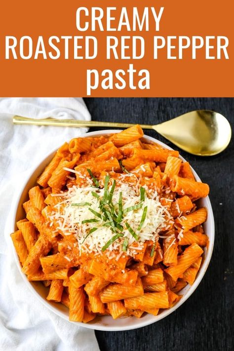 Creamy Roasted Red Pepper Pasta – Modern Honey Roasted Red Pepper And Tomato Pasta, Pasta Dishes Red Sauce, Roasted Garlic And Tomato Pasta, Roasted Red Peppers Sauce, Pasta With Red Pepper Sauce, Roasted Red Pepper Pasta With Chicken, Pasta With Red Sauce Recipes, Red Pepper Tomato Pasta, Pasta Recipes Red Sauce