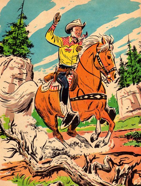 Roy Rogers grinned as his horse Trigger flew over the ground towards Silver Creek. Comic Pop Art, Arte Nerd, Western Comics, Western Boutique, Pahlawan Super, Cowboy Art, Vintage Cowboy, Jolie Photo, Vintage Western