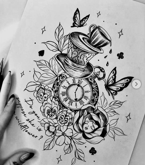 Alice In Wonderland Tattoo, Backpiece Tattoo, Sketch Style Tattoos, Buddha Tattoos, Omerta Tattoo, Clock Tattoo Design, Wonderland Tattoo, Pieces Tattoo, Clock Tattoo