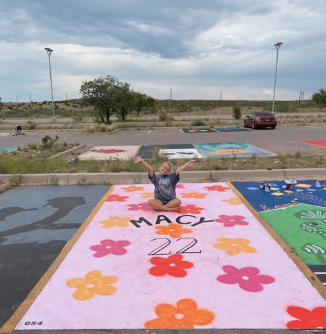 Parking Spit Painting, Pink Painted Parking Spots, Senior Painted Parking Spots, Senior Parking Spots Flowers, Parking Spot Painting Easy, Butterfly Parking Spot Painting, Senior Parking Space Ideas Pink, Flower Senior Parking Spots, Barbie Senior Parking Spot