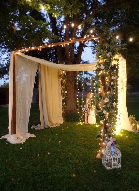 Homemade Arbor, Wedding Pergola, Backyard Wedding Reception, Metal Gazebo, Repurposed Metal, Wedding Backyard Reception, Ibiza Wedding, Homemade Wedding, White Drapes