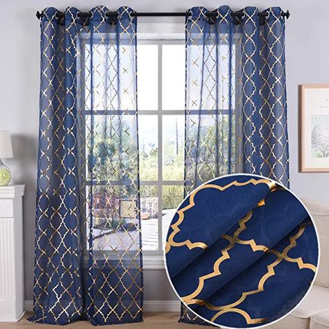 Amazon.com : Blue and Gold Bedroom Glam Dining Room Decor, Blue And Gold Curtains, Blue Sheer Curtains, Blue And Gold Bedroom, Glam Dining Room, Measuring Curtains, Window Sheers, Blue Bedroom Decor, Gold Curtains