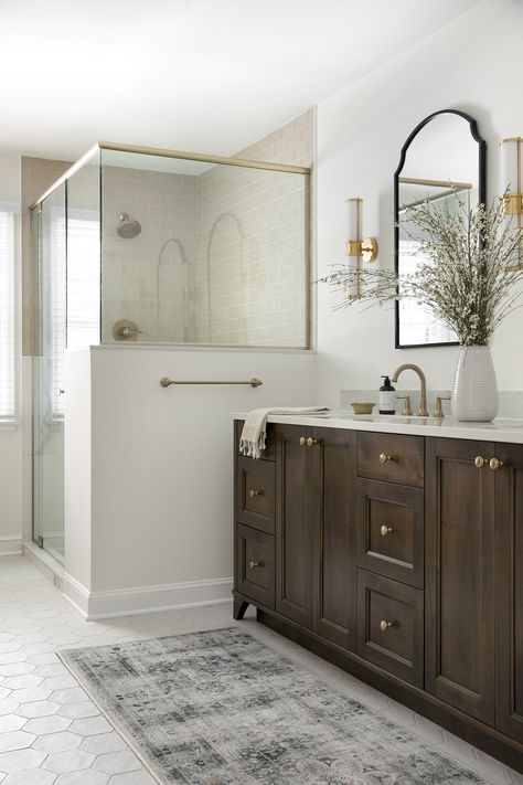 Bathroom With Dark Wood Vanity, Bathroom Remodel Design Ideas, Jkath Design, Toilet Closet, White Oak Flooring, Master Bath Design, Dunes House, Soapstone Countertops, Primary Bath