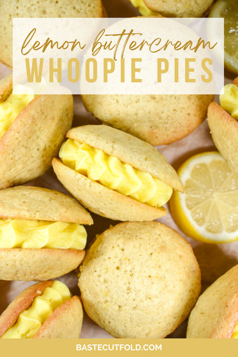 Made with fresh lemon juice and zest, plus a hint of pure lemon oil, these zesty lemon buttercream whoopie pies make a sweet summertime treat for picnics, bake sales, and birthday parties. The best lemon whoopie pie recipe! Lemon Whoopie Pie Recipe, Lemon Whoopie Pies, Deep Dish Cookie, Easy Pudding Recipes, Whoopie Pie Recipe, Lemon Brownies, Hand Pie Recipes, Crazy Cookies, Tray Bake Recipes