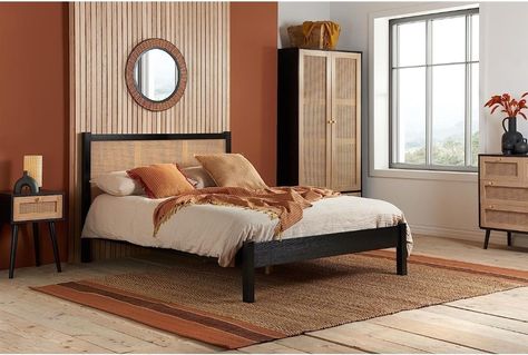 Black Rattan Wood Wooden Bed Frame,Bedstead (5ft King Size) Black Wooden Bed, Rattan Bedroom Furniture, Shades Of Terracotta, Rattan Bed Frame, Rattan Bedroom, Cool Interior, Airy Bedroom, Black Bed Frame, Led Beds