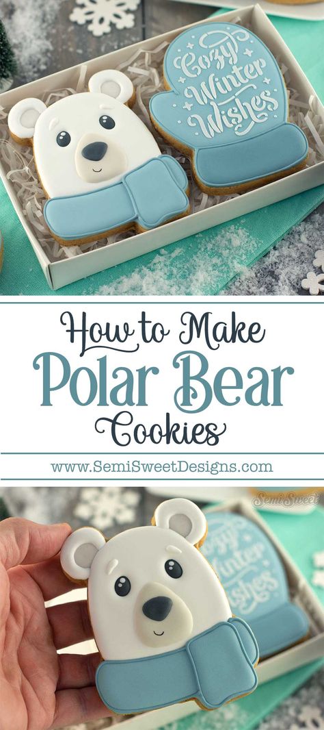 Decorate a Polar Bear Cookie Set for Christmas Polar Bear Sugar Cookies, Polar Bear Cookies, Mitten Cookies, Flood Icing, Cookie Stand, Plain Cookies, Blue Icing, Winter Treats, Cookie Videos