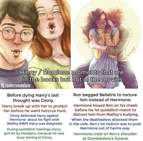 Hermione X Ron Fan Art, Funny Harry Potter Fanart, Ron And Hermione Book Moments, Hinny Fan Art Cute, Hinny Books Moments, Hinny Fan Art Comics, Hinny Headcannons Kiss, Book Harry Potter Fanart, Harry And Ginny Book Moments