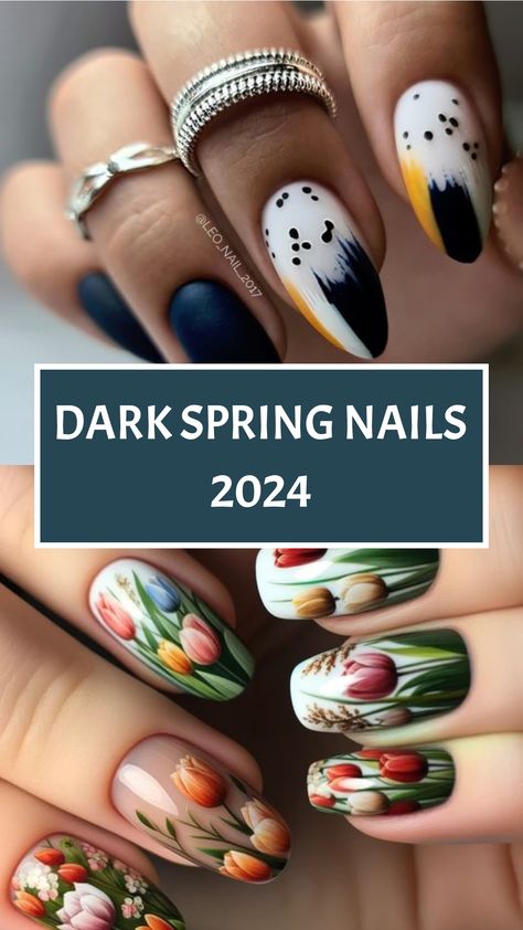 Dark Spring Nails 2024 Spring Nail Art Aesthetic, Nail 2024 Spring, Spring Nails 2024 Trends Green, Nails 2024 Trends Spring, Nails For Spring 2024, Spring Nails 2024 Trends, Spring Nails 2024 Trends Almond, Spring Nail Art 2024, Black Floral Nails