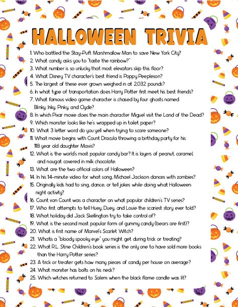 Free printable Halloween trivia game! Over 70 total Halloween trivia questions - for kids and adults! Halloween Virtual Games, October Trivia For Seniors, Halloween Jepordy Questions And Answers, Halloween Trivia Free Printable, December Nursing Home Activities, Halloween Questions For Kids, Halloween Jeopardy Questions, Halloween Jeapordy, Halloween Jepordy