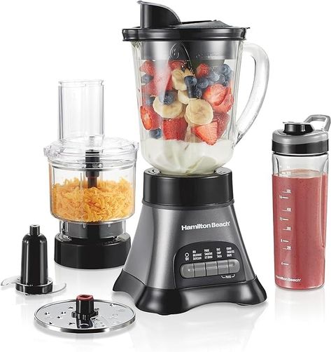 Amazon.com: Hamilton Beach Blender for Shakes and Smoothies & Food Processor Combo, With 40oz Glass Jar, Portable Blend-In Travel Cup & 3 Cup Electric Food Chopper Attachment, 700 Watts, Gray & Black (58163): Home & Kitchen Travel Jar, Shakes And Smoothies, Kitchen Blenders, Cup Food, House Essentials, Smoothie Makers, Ice Cold Drink, Electric Foods, Best Blenders