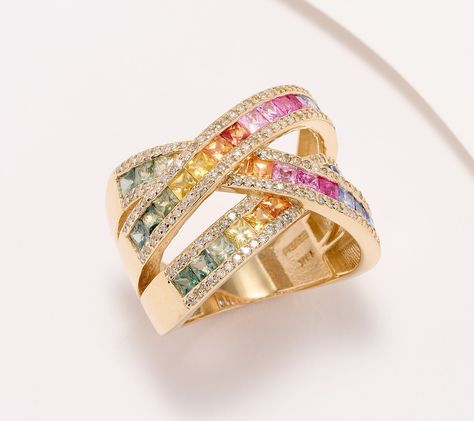 Color your world -- and your wardrobe -- with this lively ring reminiscent of a radiant rainbow. From Effy's Watercolor Collection, this multi-hued mosaic of sapphires and white diamonds meshes rich colors and red-carpet-ready sparkle in a 14K-gold highway style.  So many sapphires, so many colors! The diamond-lined crossover design is the perfect canvas for these sought-after gemstones, with fancy green, orange, pink, and yellow joining the classic blue hue. And it'll complement anything in you Red Sapphire, Rainbow Sapphires, Multi Gemstone Ring, Shiny Objects, Gem Diamonds, Multi Sapphire, Contemporary Ring, Dope Jewelry, Effy Jewelry