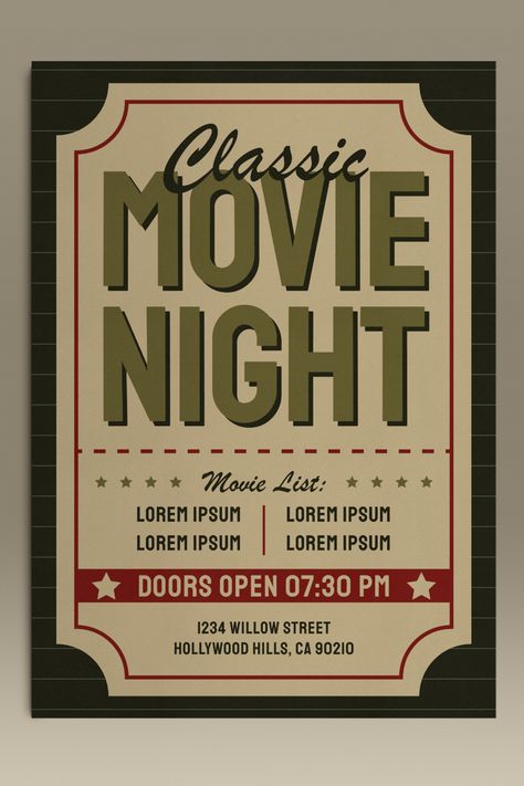 retro old vintage classic movie night event a4 poster design template design ideas by SSST! Graphic Movie Club Poster, Creative Movie Poster Design Ideas, Old Cinema Poster, Nostalgic Poster Design, Film Club Poster, Movie Night Graphic, Club Posters Design, Movie Poster Design Ideas Graphics, Graphic Design Posters Event