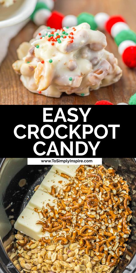 Easy crockpot candy in the slow cooker and a piece of candy on a wood cutting board with sprinkles. Almond Bark Candy Holiday Treats, Easy Sweet Christmas Treats, Christmas Candy Recipes Easy Almond Bark, Crockpot Christmas Cookies, Christmas Bake Day Ideas, Christmas Tray Treats, Crockpot Christmas Treats, Things To Make With Almond Bark, Easy Holiday Dishes