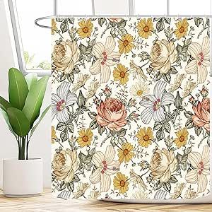 Vintage Shower Curtain Ideas, Vintage Yellow Bathroom, Vintage Shower Curtains, Vintage Shower Curtain, Farmhouse Shower Curtain, Bathroom Vintage, Floral Shower Curtain, Flower Shower Curtain, Shower Curtain Sizes