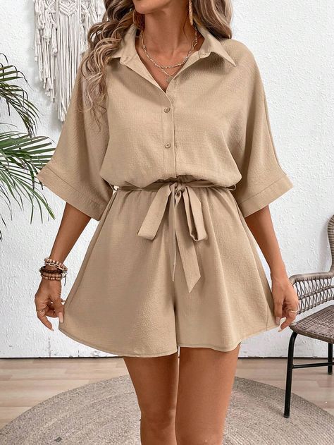 SHEIN VCAY Women's Shirt Collar Texture Fabric Casual Loose Jumpsuit For VacationsI discovered amazing products on SHEIN.com, come check them out! Late Summer Outfits, Jumpsuit Short, Party Ladies, Loose Jumpsuit, Stylish Summer Outfits, Texture Fabric, Fashion 2024, Women's Shirt, Short Jumpsuit