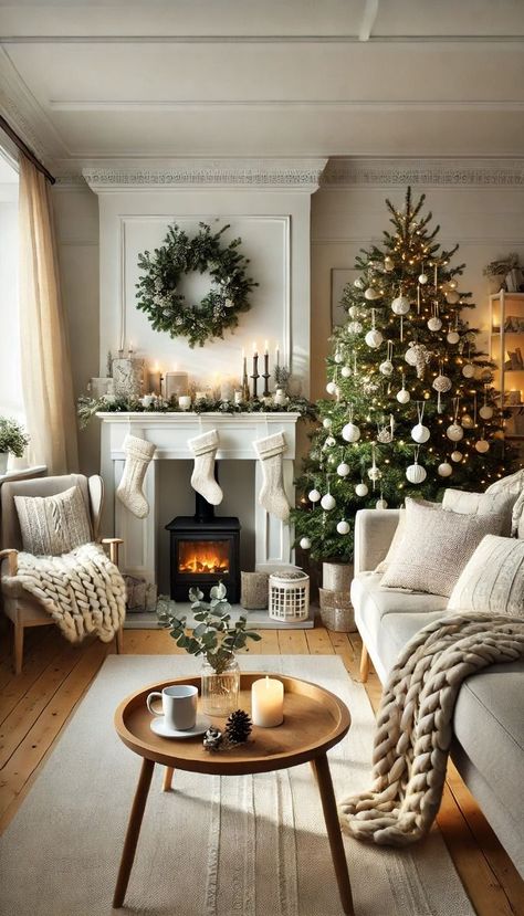 Go for a clean and modern look with a neutral color palette. Use simple decorations like white lights, metallic accents, and a stylishly adorned tree. A few carefully chosen ornaments can make a striking statement. Christmas Tree In Center Of Room, Modern Christmas Living Room Decor, Cozy Minimalist Christmas, Cosy Living Room Ideas Warm, Western Christmas Decorations, Cosy Homes, Christmas Living Room Decor Ideas, Christmas Living Room Decor, Grinch Decorations