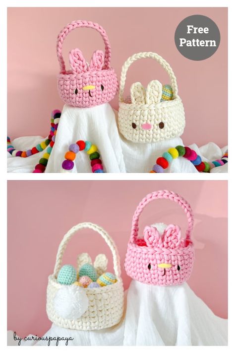 Crochet Easter Basket Free Pattern, Easter Bunny Basket Crochet, Crochet Easter Basket Pattern, Easter Crochet Patterns Free, Easter Basket Pattern, Crochet Easter Basket, Beanie Knitting Patterns Free, Easter Bunny Basket, Crochet Easter