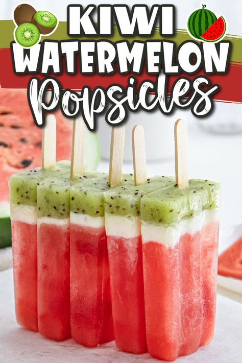 Kiwi watermelon popsicles are a healthy, homemade, warm-weather treat made with only 3 ingredients. The perfect summer refresher (Guilt-free!) Homemade Popsicles Healthy, Popcicles Recipes, Summer Popsicle Recipes, Watermelon Snack, Homemade Fruit Popsicles, Healthy Popsicle Recipes, Watermelon Popsicles, Summer Popsicles, Healthy Popsicles