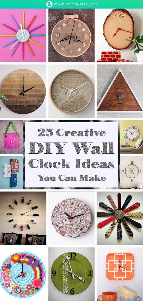 25 Creative DIY Wall Clock Ideas You Can Make ~ Matchness.com Clocks Diy Crafts, Diy Wall Clock Ideas, Wall Clock Ideas, Homemade Clocks, Wall Clock Design Ideas, Clock Decor Ideas, Make A Clock, Clock Design Ideas, Clock Craft