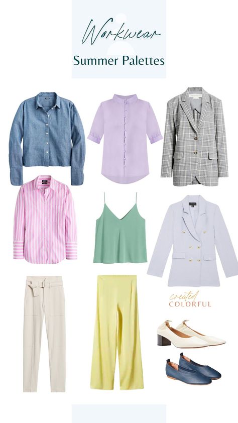 Workwear has definitely evolved over the decades. And each of our workplaces probably has a different definition of what it is. Whether you're working in the office or classroom or just want to feel put together for Zoom calls at home, you deserve to feel your absolute best. We're sure some of these chic pieces will fit your style and workplace, Summer palettes. ✨#affiliate Don’t know what colors look best on your skin tone? We do virtual color analysis! Light Summer Office Outfits, Cool Toned Summer Outfits, Summer Palette Outfits, Muted Wardrobe, Siren Style, Soft Summer Fashion, Muted Summer, Cool Summer Palette, Chic Office Wear