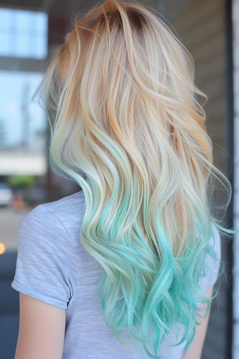 Rainbow And Blonde Hair, Blonde Hair With Turquoise Highlights, Blond Hair Dye Ideas, Rainbow Blonde Hair, Blue Hair With Blonde Highlights, Blonde To Purple Ombre, Blonde Mermaid Hair, Blonde Hair With Blue Tips, Blond Ombre Hair