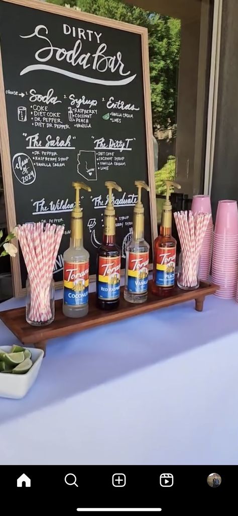 Drink Mixing Station, Drink Bar Non Alcoholic, Diy Drink Bar For Party, Drink Making Station, Wedding Soda Station, Soda Bar Ideas Drink Stations, Soda Station Drink Bar, Grad Party Drink Station, Graduation Drink Station Ideas