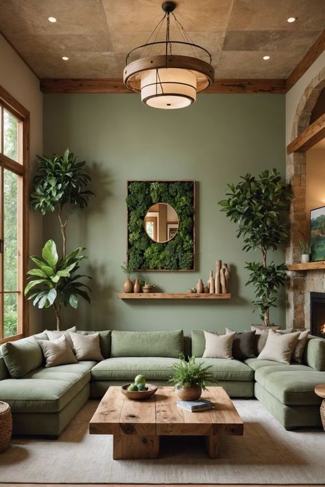 Minimalist decor focuses on simplicity, Living Room Green Aesthetic, Minimalist Living Room Colorful, Living Room Snug, Green Sofa Green Wall, Biophilic Design Interiors Living Rooms, Living Room Inspiration Paint Colors, Green And Wood Living Room, Plants In Living Room Ideas, Snug Room Ideas