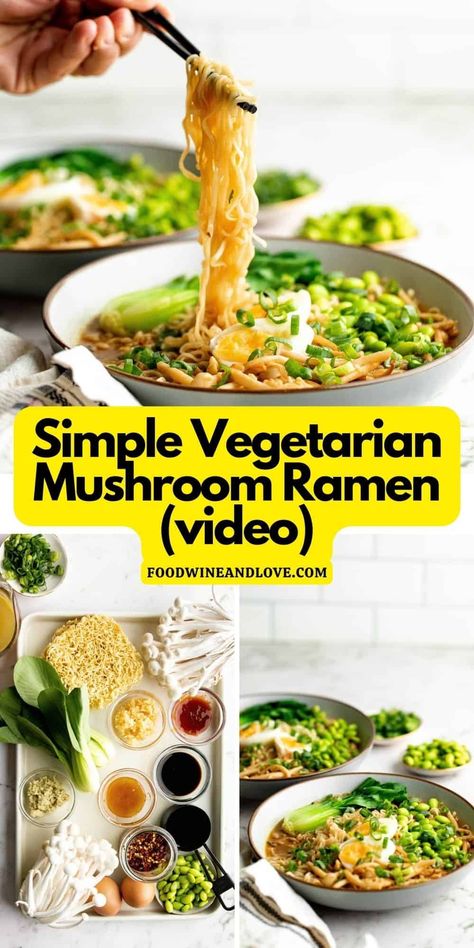 Simple Vegetarian Mushroom Ramen Bowl (video), a quick and delicious meal or appetizer recipe made with vegetarian ingredients. vegan option. Chinese Noodle Dishes, Mushroom Ramen, Vegan Ramen, Slow Cooker Tacos, Appetizer Ideas, Diet Desserts, Ramen Recipes, Vegetarian Soup, Ramen Bowl