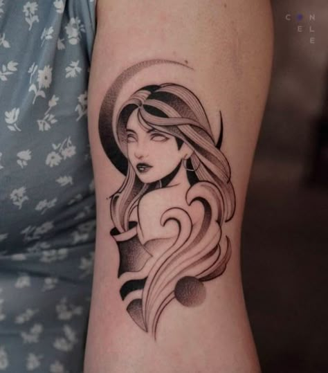 Looking for a unique feminine Aquarius tattoo? Check out our guide on Aquarius tattoos and find more inspiration! Aquarius Goddess Tattoo, Unique Aquarius Tattoo, Moon Goddess Tattoo, Symbols Tattoo Ideas, Aquarius Goddess, Aquarius Tattoos, Symbols Tattoo, Tattoo Guide, Aquarius Moon