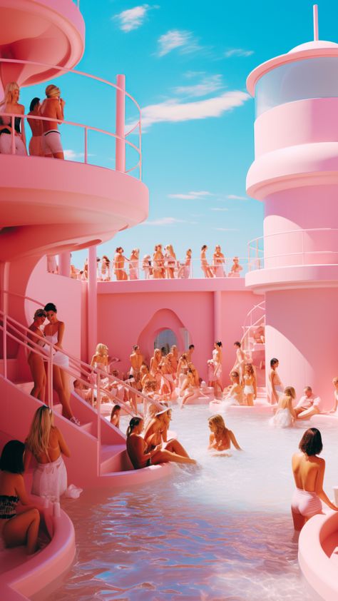 Get ready for the ultimate Instagrammable #pink pool party! Channel your inner Wes Anderson and create a dreamy pastel atmosphere. Set up colorful lounge chairs, decorate with adorable pool floats and serve refreshments in vibrant hues. Everyone will leave feeling like they just stepped into a movie scene! #Throwapinkpoolparty #wesanderson #pink #summer #retro Pink Pool Aesthetic, Dr Lemon, Pink Swimming Pool, Retro Pool Party, Colorful Lounge, Pool Party Aesthetic, Pink Pool Party, Pool Bar Design, Retro Pool Parties